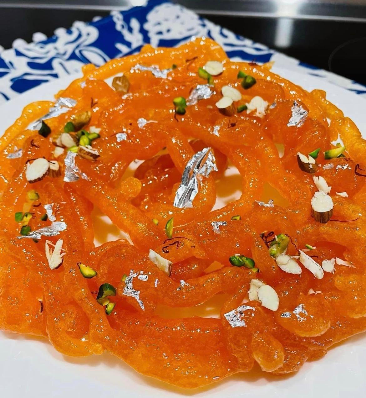 Crispy chanar jelabi spirals soaked in syrup
