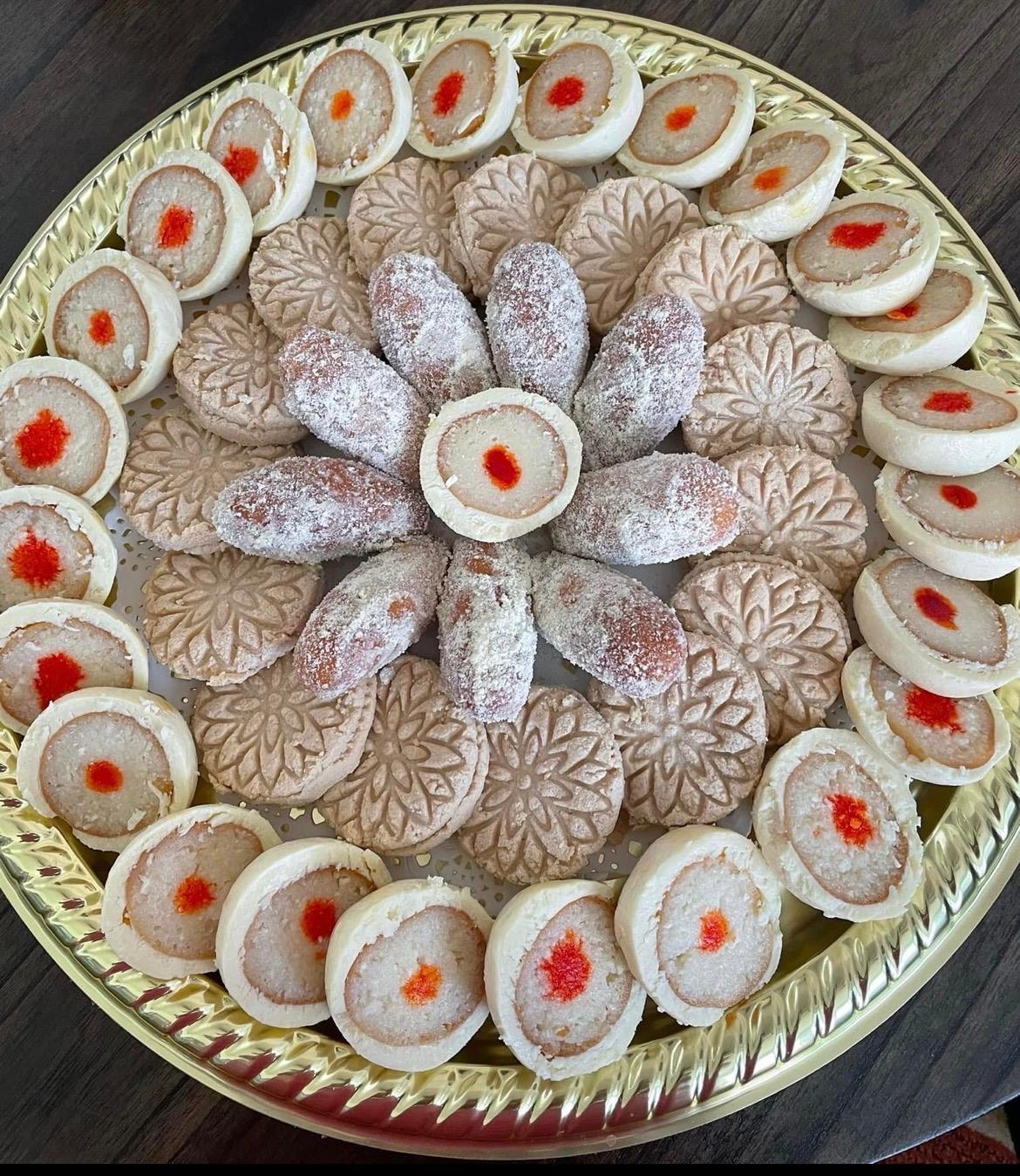 Pinwheel sandesh and embossed shortbread platter